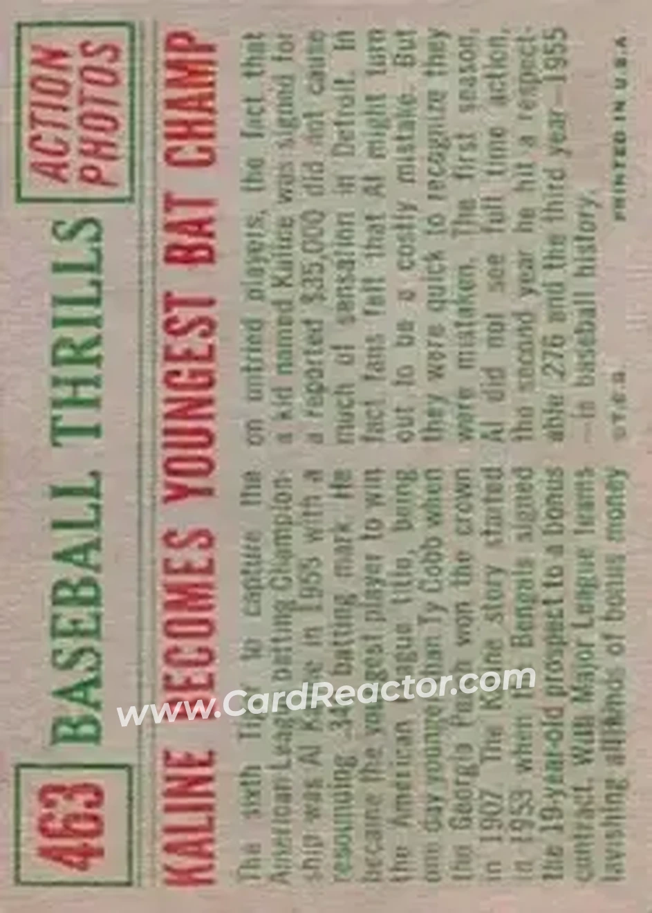 1959 Topps #463 - Al Kaline - Detroit Tigers - Back 1959 Topps #463 - Al Kaline - Detroit Tigers - Back