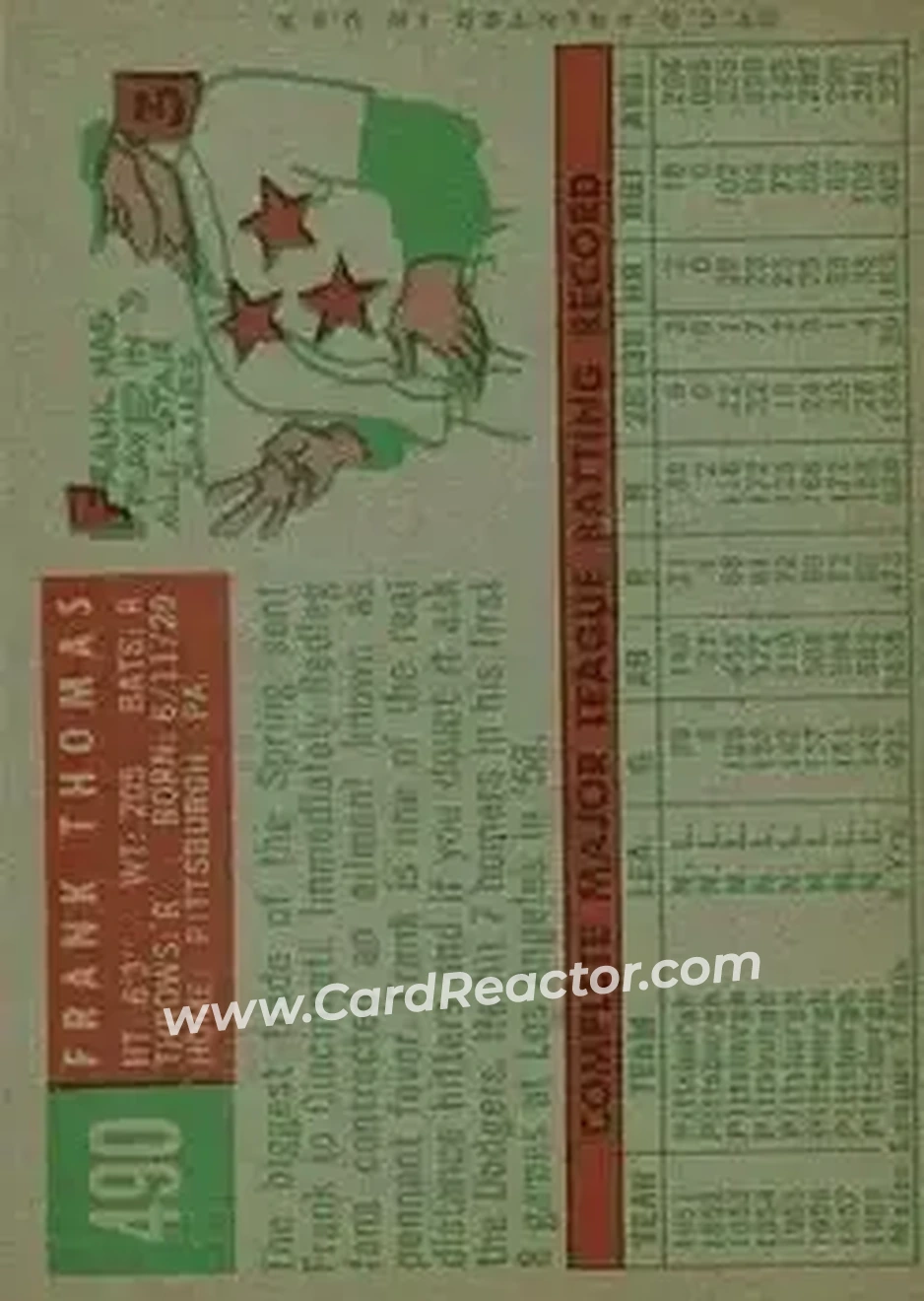 1959 Topps #490 - Frank Thomas - Cincinnati Redlegs - Back