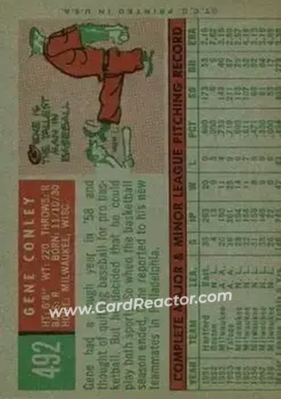1959 Topps #492 - Gene Conley - Philadelphia Phillies - Back 1959 Topps #492 - Gene Conley - Philadelphia Phillies - Back