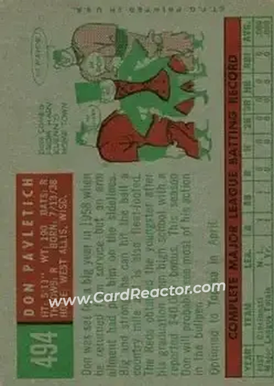 1959 Topps #494 - Don Pavletich - Cincinnati Redlegs - Back