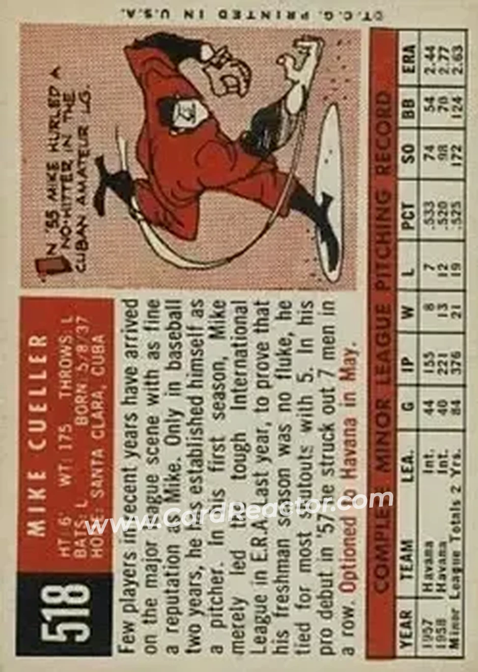 1959 Topps #518 - Mike Cuellar - Cincinnati Redlegs - Back
