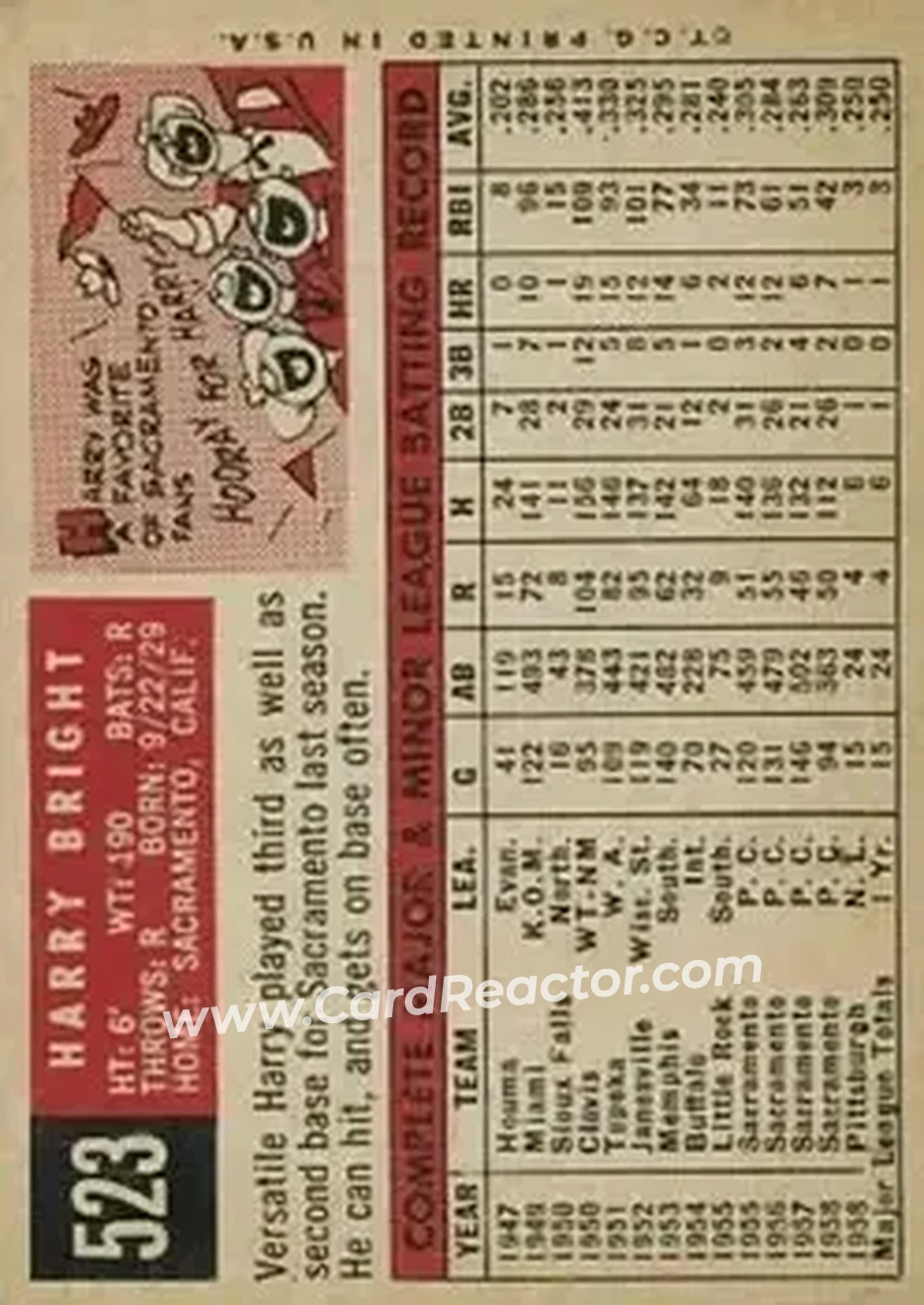 1959 Topps #523 - Harry Bright - Pittsburgh Pirates - Back