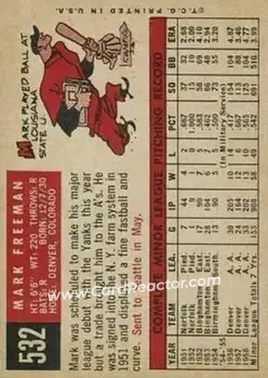 1959 Topps #532 - Mark Freeman - Kansas City Athletics - Back