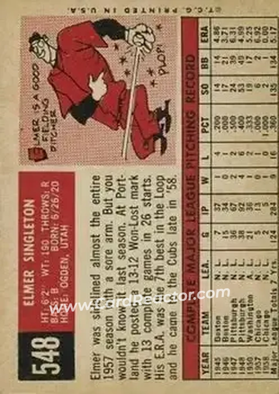 1959 Topps #548 - Elmer Singleton - Chicago Cubs - Back