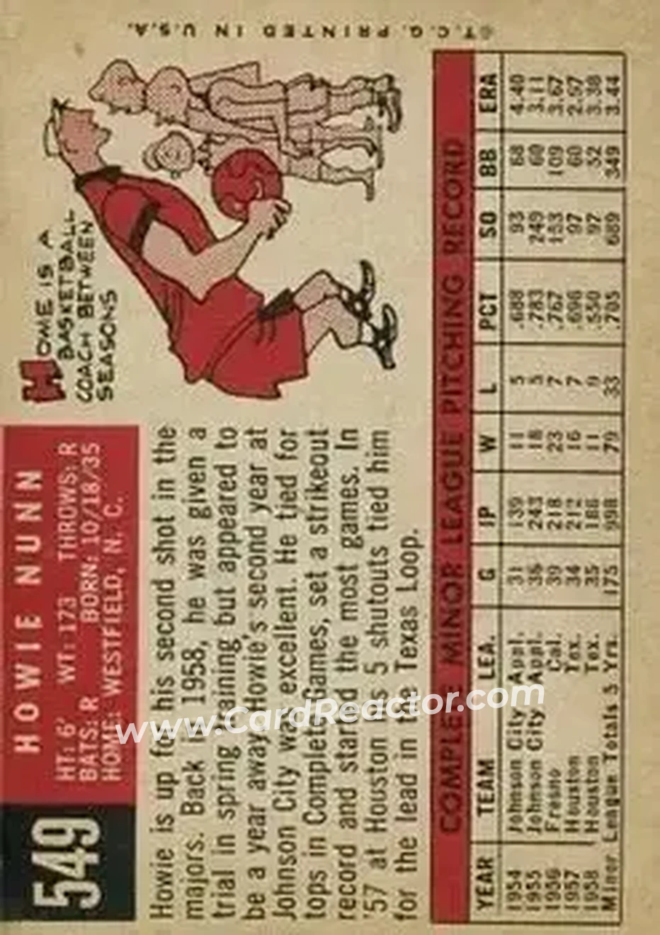 1959 Topps #549 - Howie Nunn - St. Louis Cardinals - Back 1959 Topps #549 - Howie Nunn - St. Louis Cardinals - Back