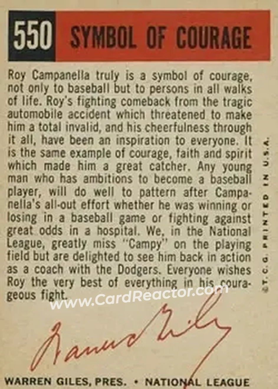 1959 Topps #550 - Roy Campanella - Brooklyn Dodgers - Back