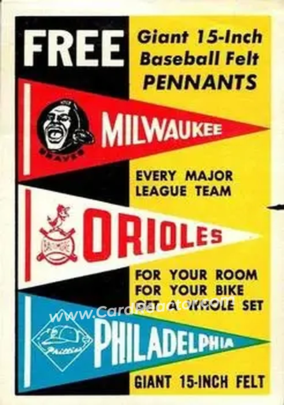 1959 Topps - Single Inserts #NNO - Felt Pennant Offer Milwaukee Braves - Baltimore Orioles - Philadelphia Phillies - Front
