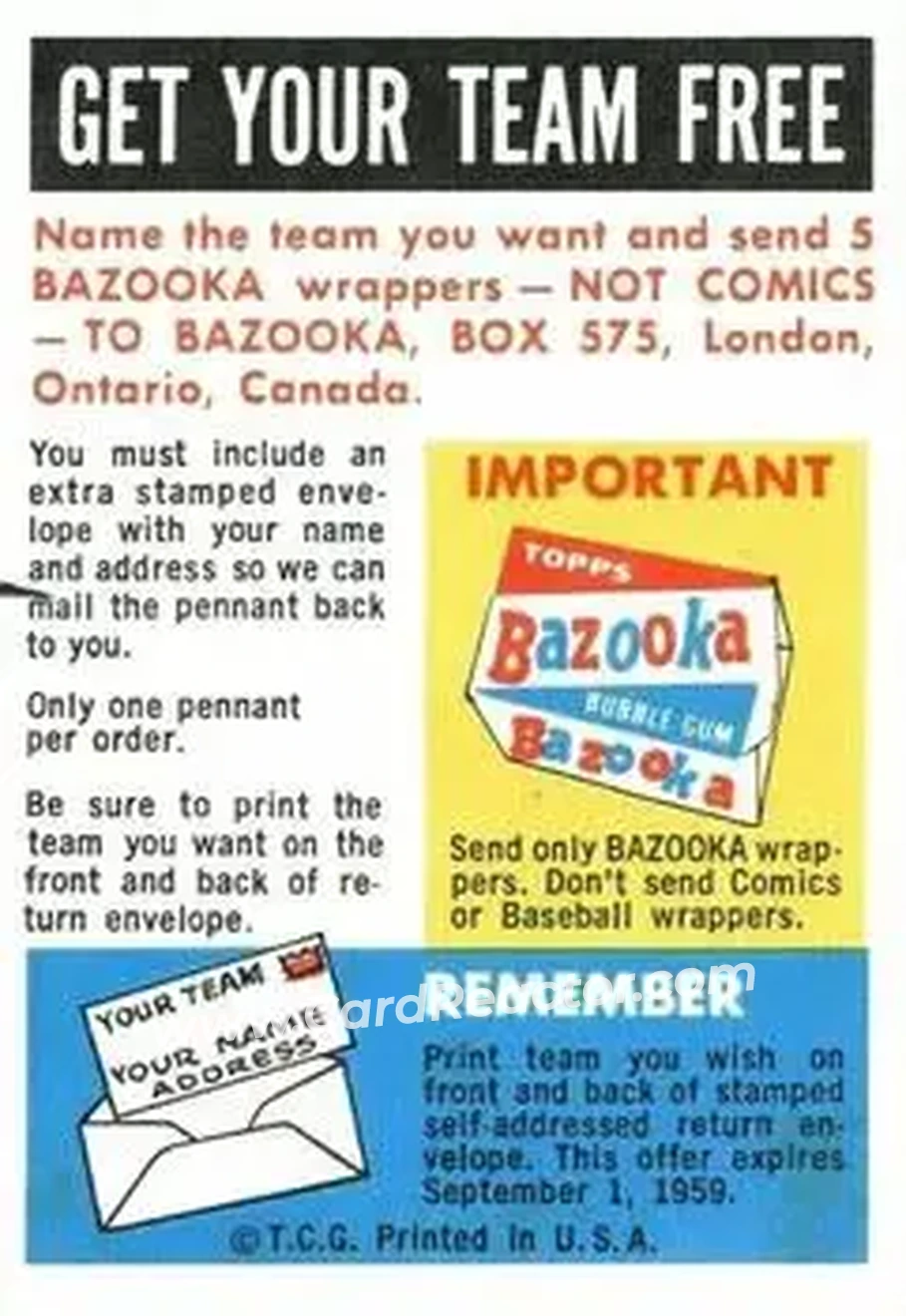 1959 Topps - Single Inserts #NNO - Felt Pennant Offer - Canadian Milwaukee Braves - Baltimore Orioles - Philadelphia Phillies - Back
