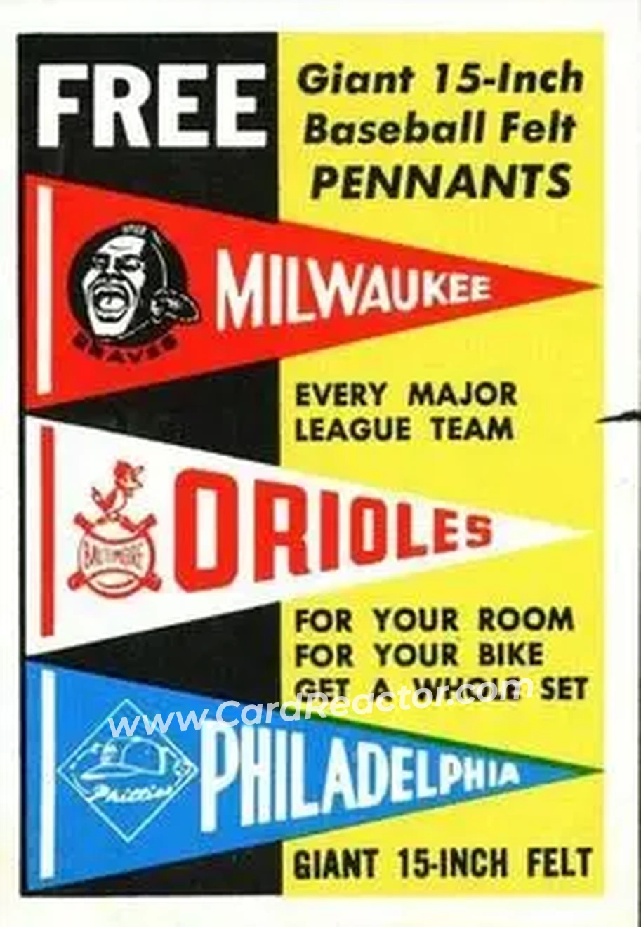 1959 Topps - Single Inserts #NNO - Felt Pennant Offer - Canadian Milwaukee Braves - Baltimore Orioles - Philadelphia Phillies - Front