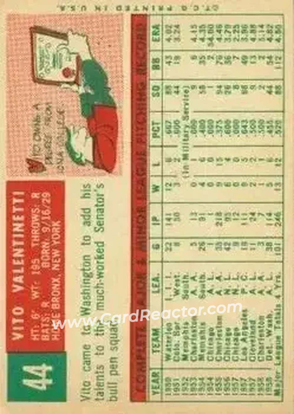 1959 Topps #44 - Vito Valentinetti - Washington Senators - Back