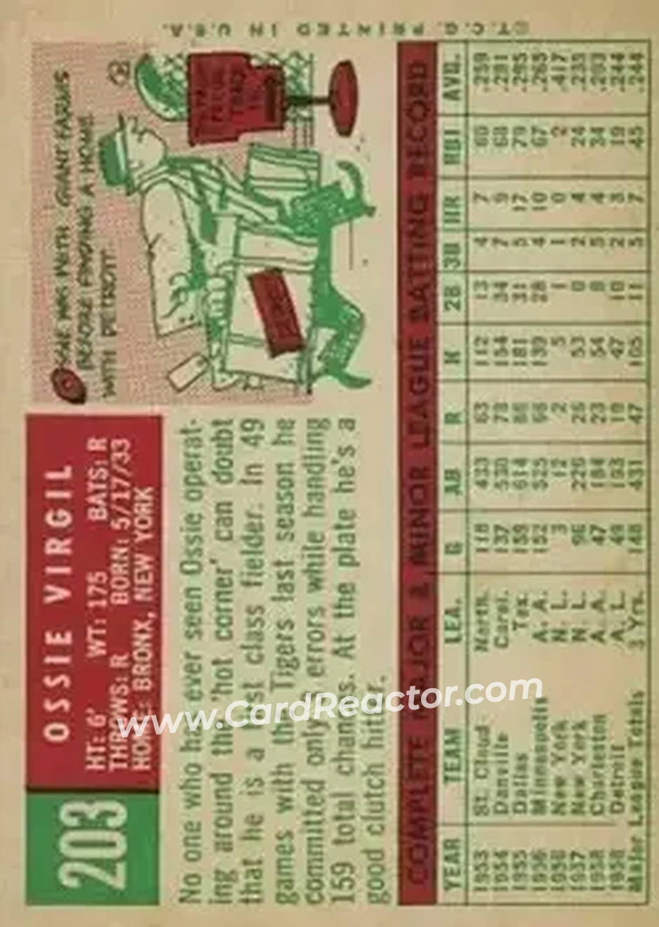 1959 Topps #203 - Ossie Virgil - Detroit Tigers - Back