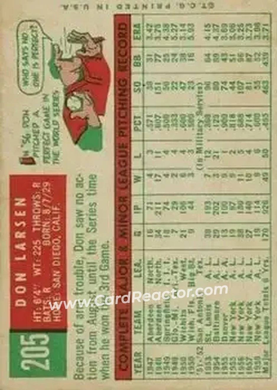 1959 Topps #205 - Don Larsen - New York Yankees - Back