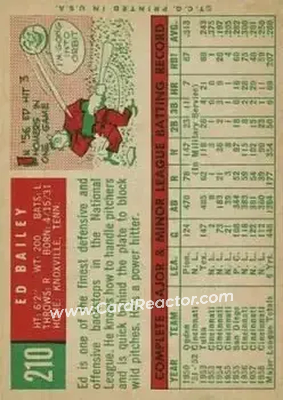 1959 Topps #210 - Ed Bailey - Cincinnati Redlegs - Back