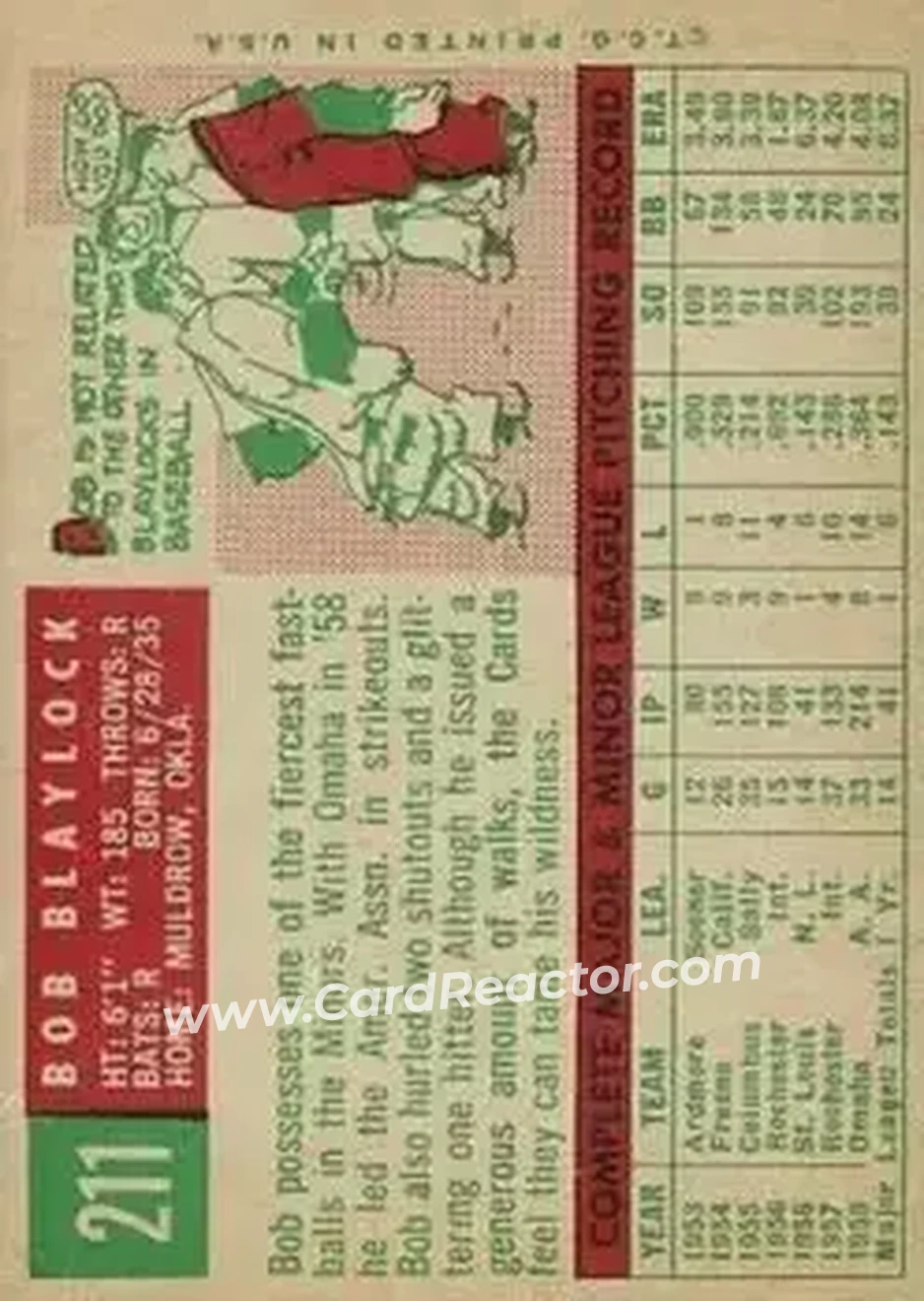 1959 Topps #211 - Bob Blaylock - St. Louis Cardinals - Back 1959 Topps #211 - Bob Blaylock - St. Louis Cardinals - Back