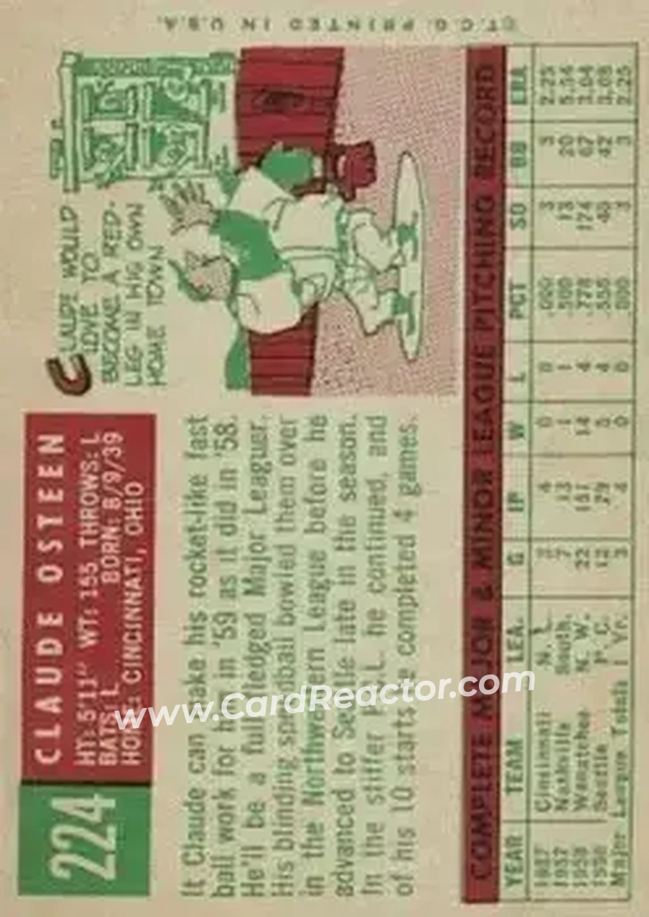 1959 Topps #224 - Claude Osteen - Cincinnati Redlegs - Back
