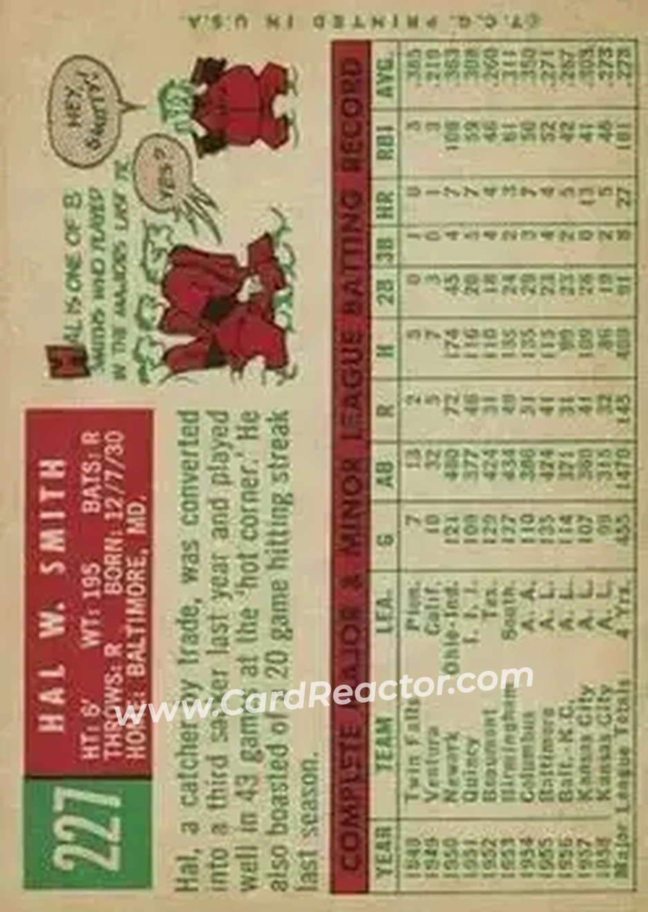 1959 Topps #227 - Hal Smith - Kansas City Athletics - Back