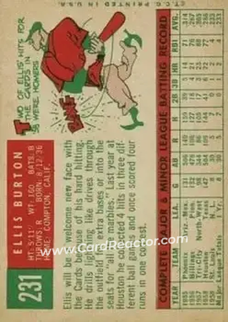 1959 Topps #231 - Ellis Burton - St. Louis Cardinals - Back