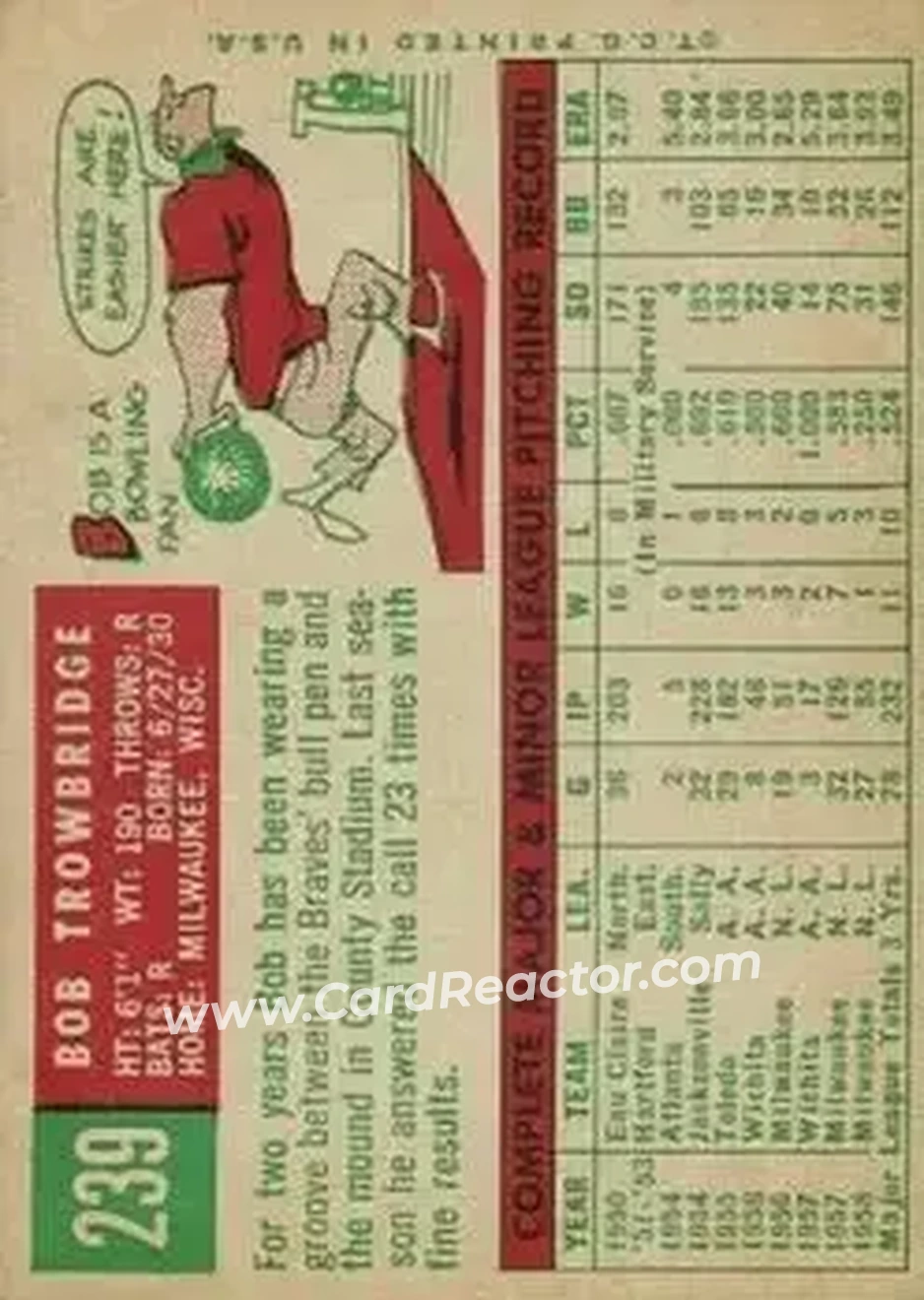 1959 Topps #239 - Bob Trowbridge - Milwaukee Braves - Back