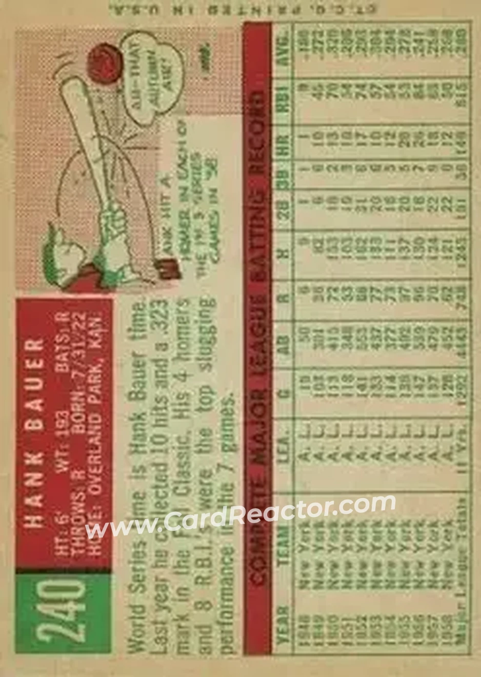 1959 Topps #240 - Hank Bauer - New York Yankees - Back 1959 Topps #240 - Hank Bauer - New York Yankees - Back