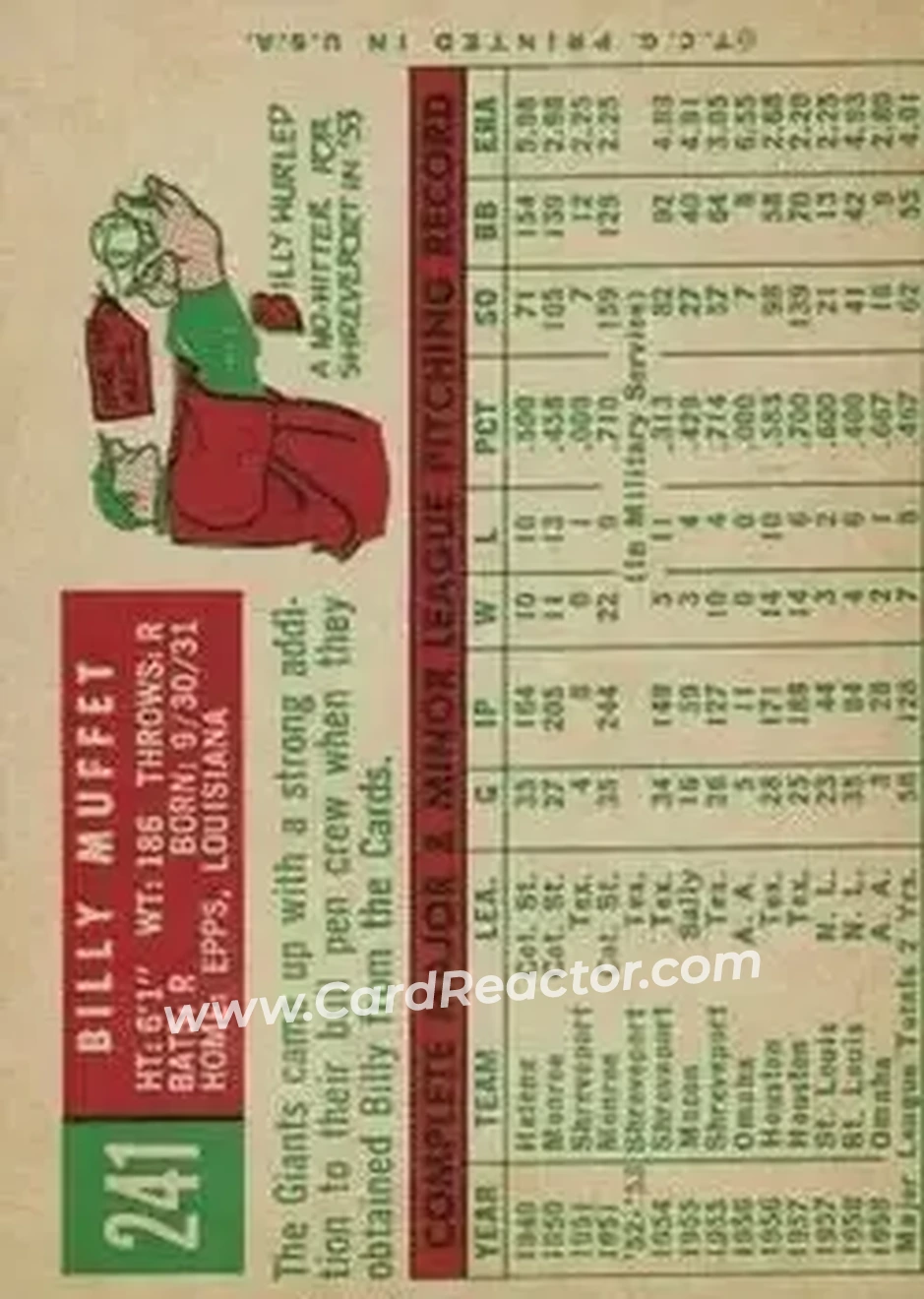 1959 Topps #241 - Billy Muffett - San Francisco Giants - Back