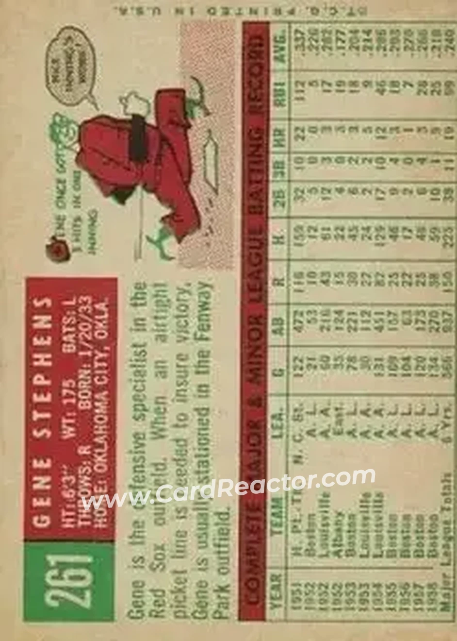 1959 Topps #261 - Gene Stephens - Boston Red Sox - Back