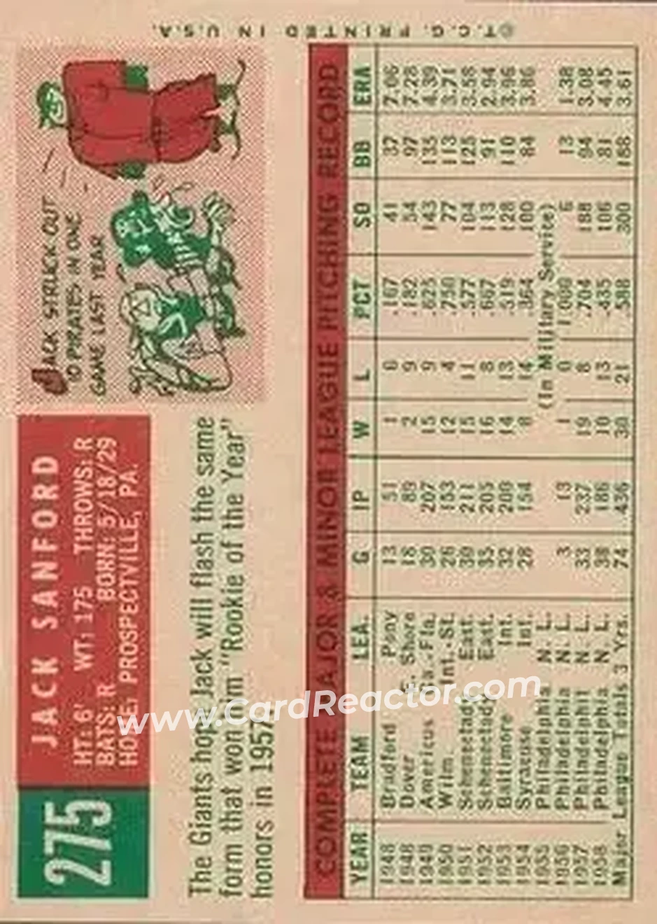 1959 Topps #275 - Jack Sanford - San Francisco Giants - Back