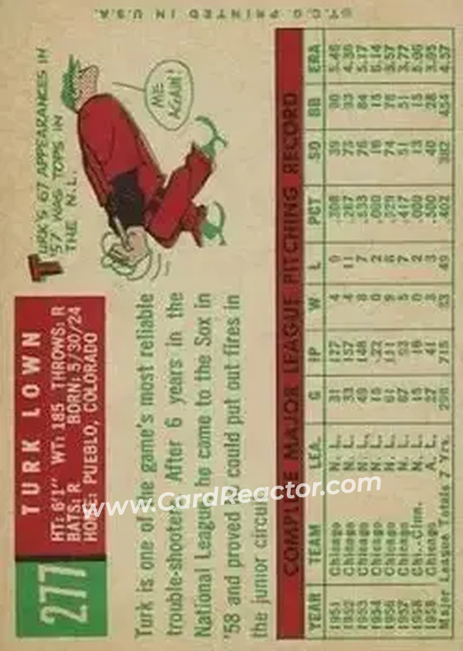 1959 Topps #277 - Turk Lown - Chicago White Sox - Back