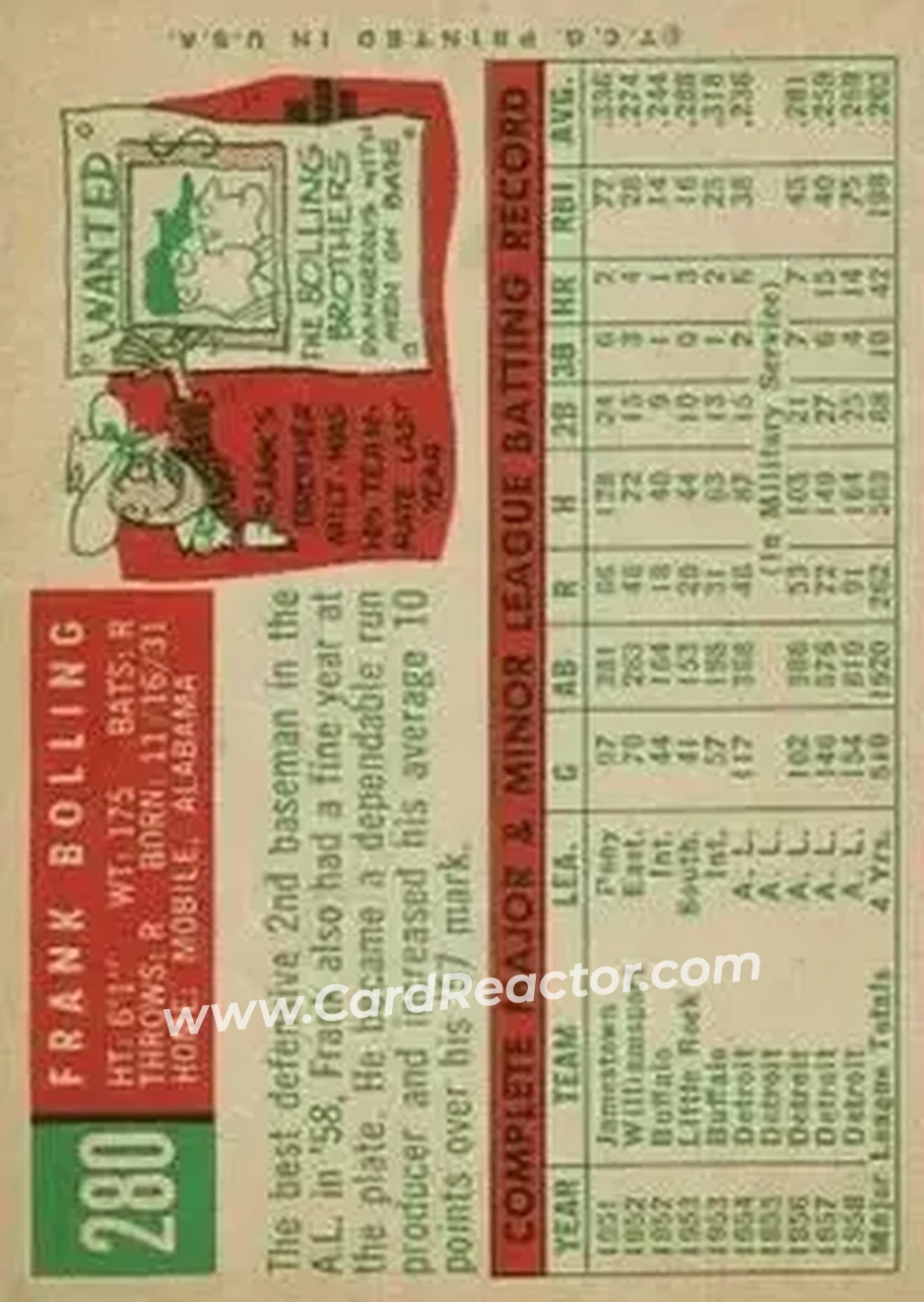 1959 Topps #280 - Frank Bolling - Detroit Tigers - Back 1959 Topps #280 - Frank Bolling - Detroit Tigers - Back