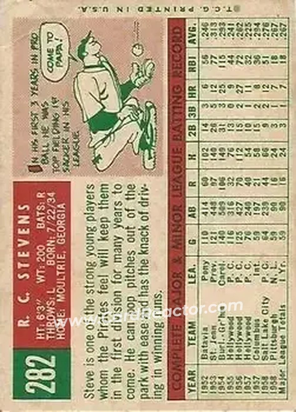 1959 Topps #282 - R.C. Stevens - Pittsburgh Pirates - Back