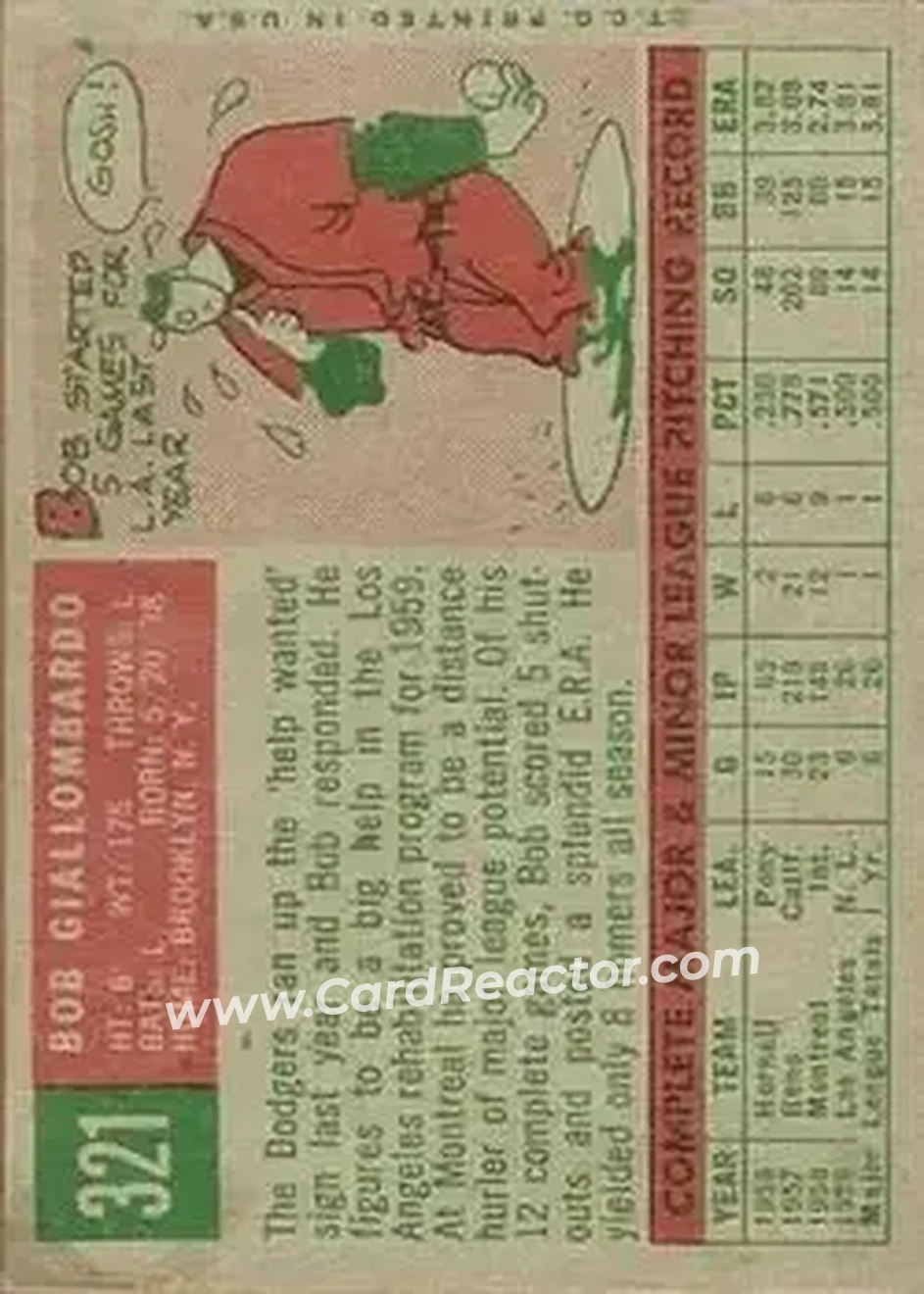 1959 Topps #321 - Bob Giallombardo - Los Angeles Dodgers - Back