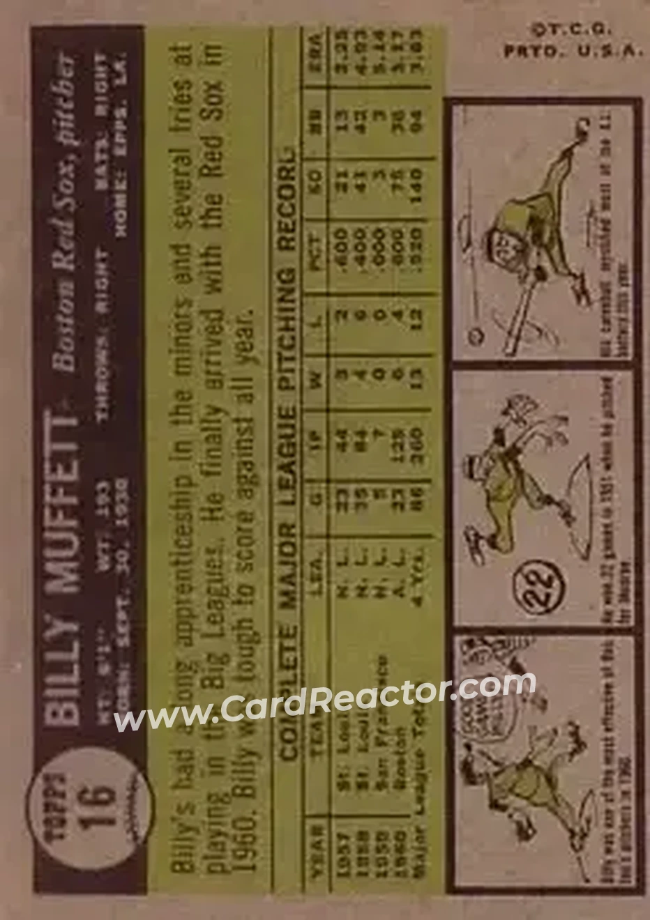 1961 Topps #16 - Billy Muffett - Boston Red Sox - Back