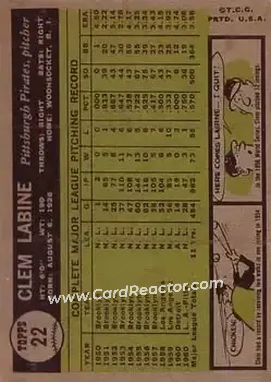 1961 Topps #22 - Clem Labine - Pittsburgh Pirates - Back