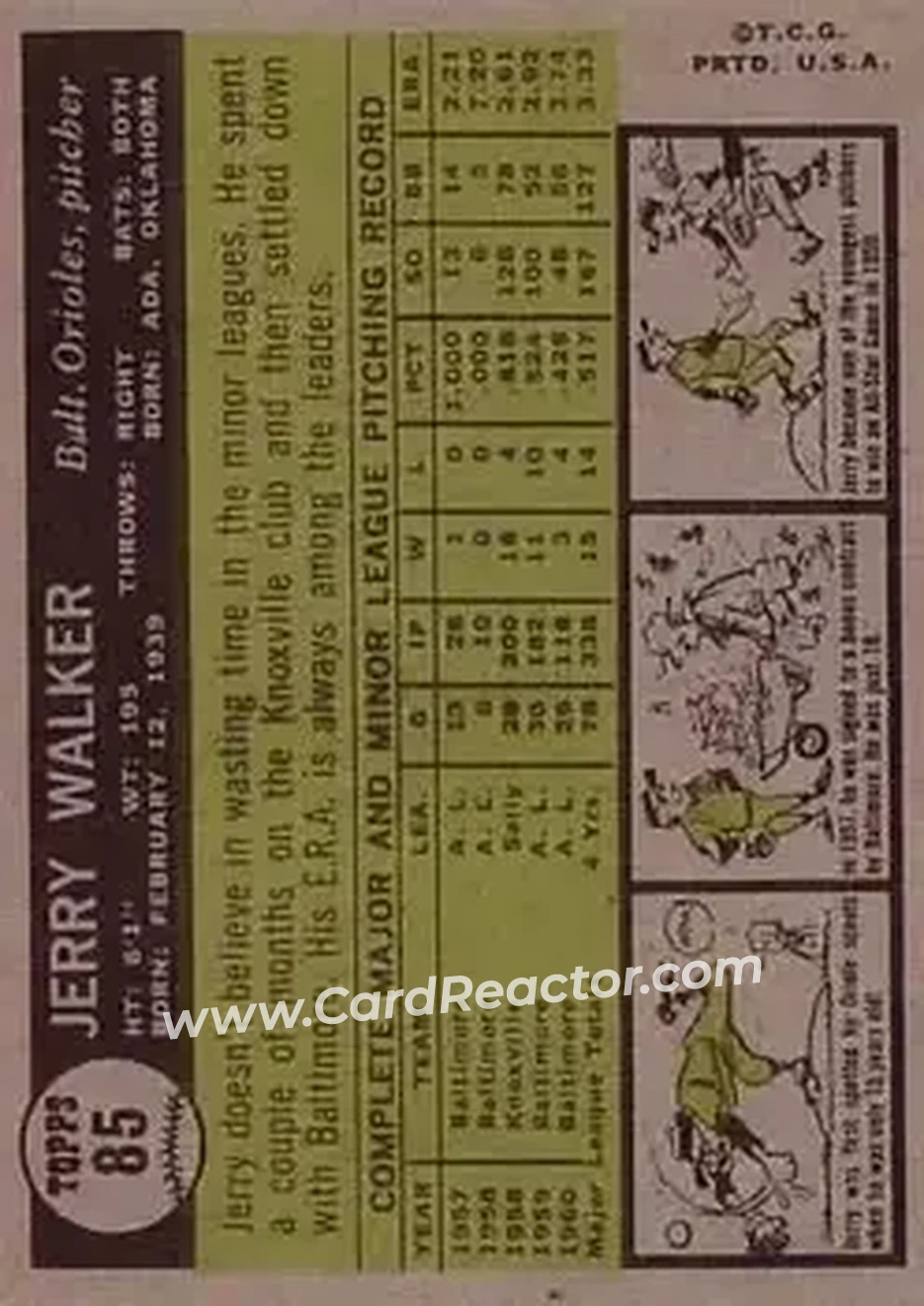1961 Topps #85 - Jerry Walker - Baltimore Orioles - Back