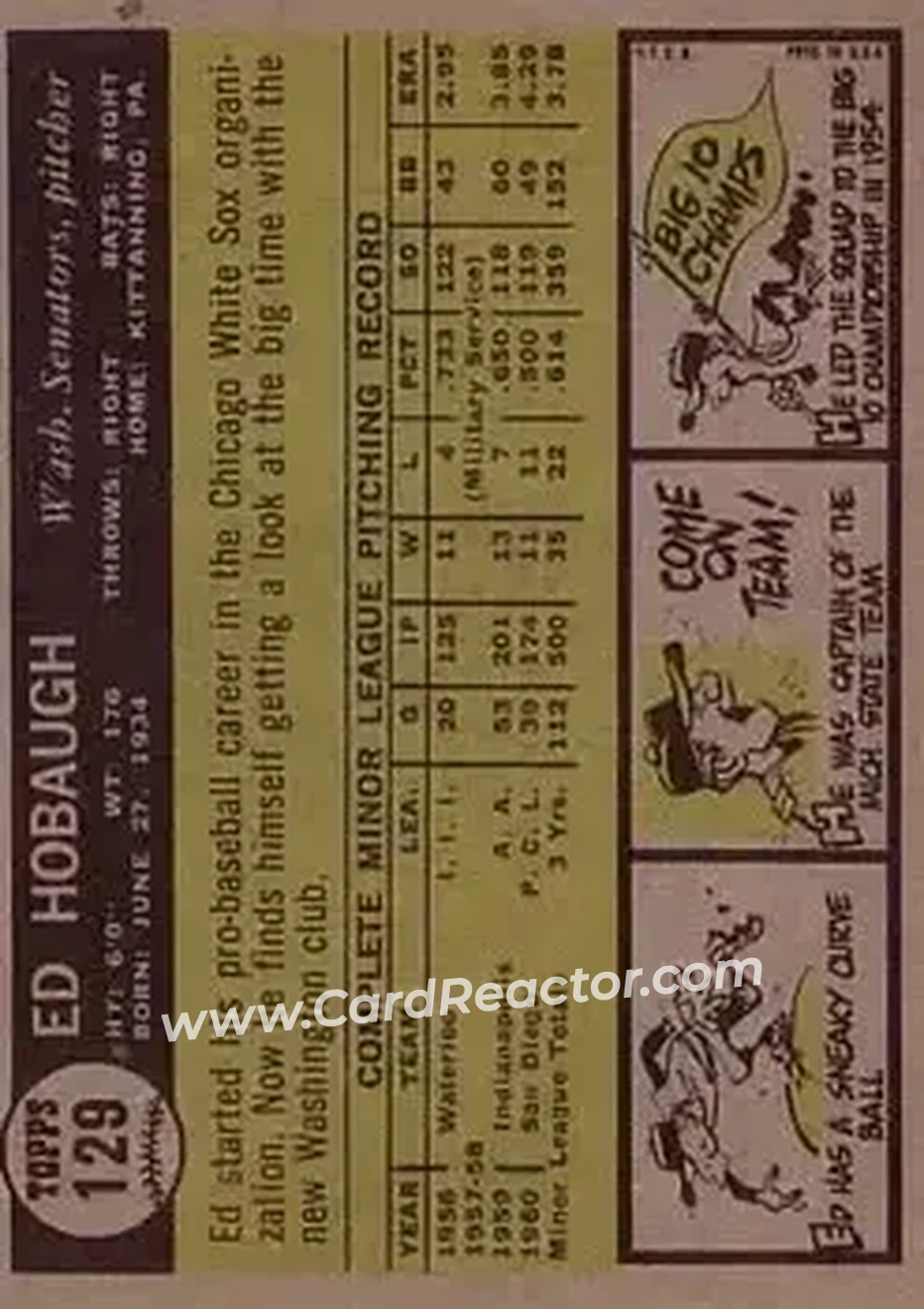 1961 Topps #129 - Ed Hobaugh - Washington Senators - Back