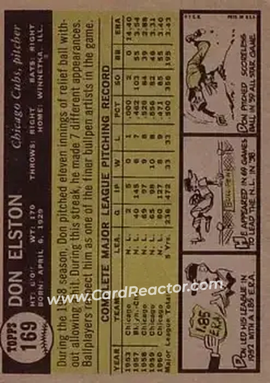 1961 Topps #169 - Don Elston - Chicago Cubs - Back