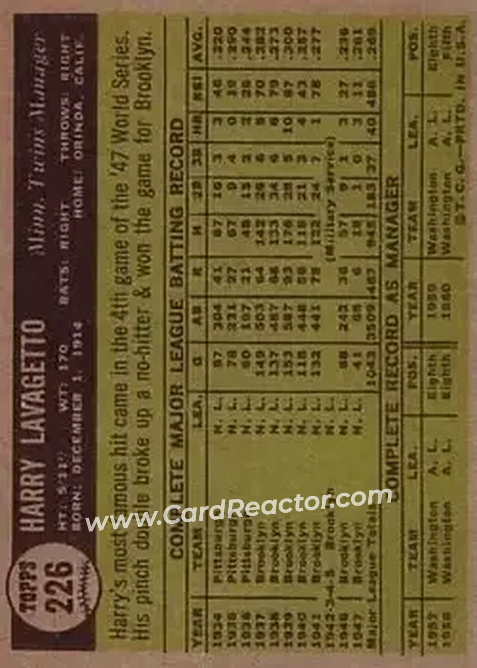 1961 Topps #226 - "Cookie" Lavagetto - Minnesota Twins - Back
