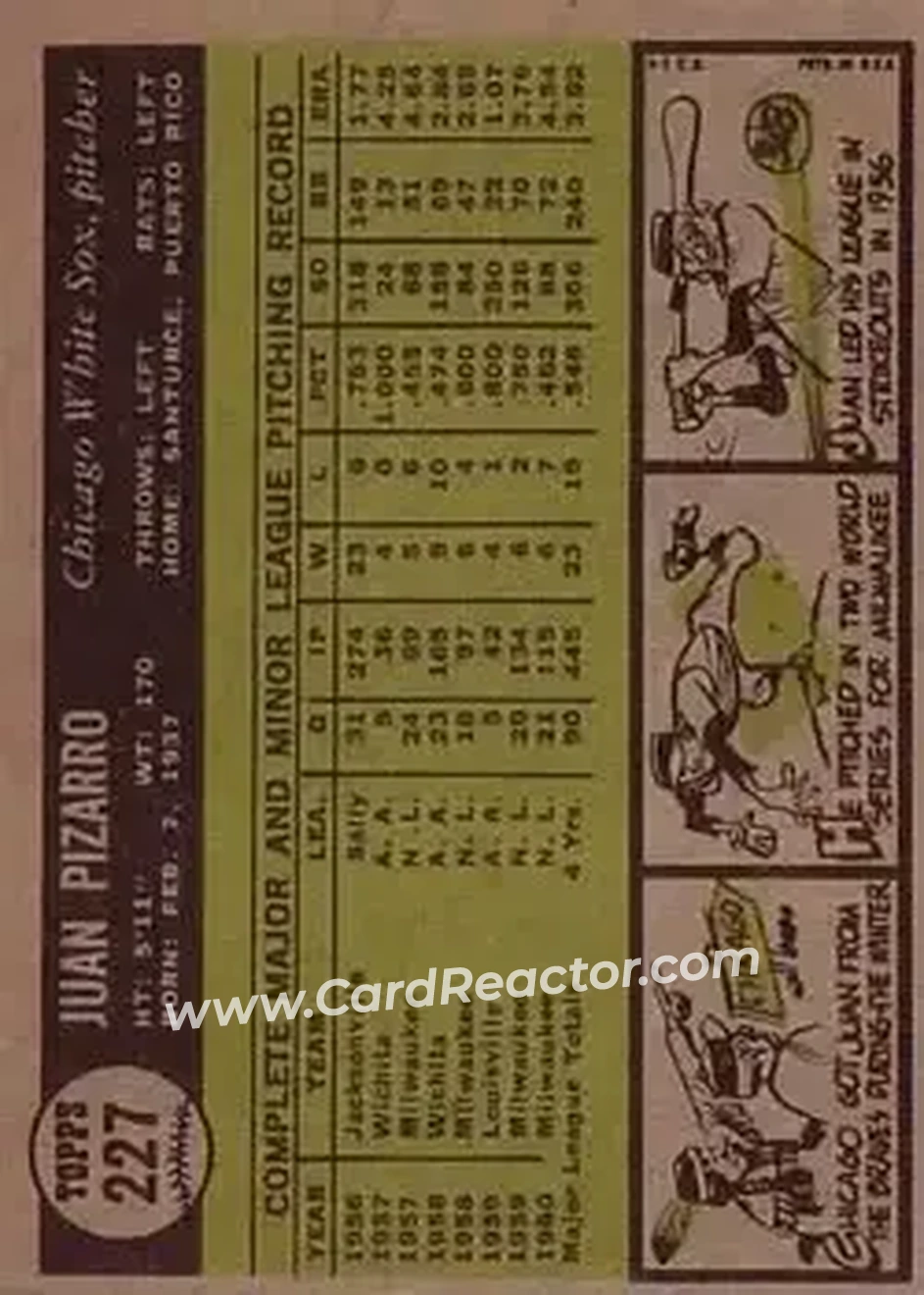 1961 Topps #227 - Juan Pizarro - Chicago White Sox - Back