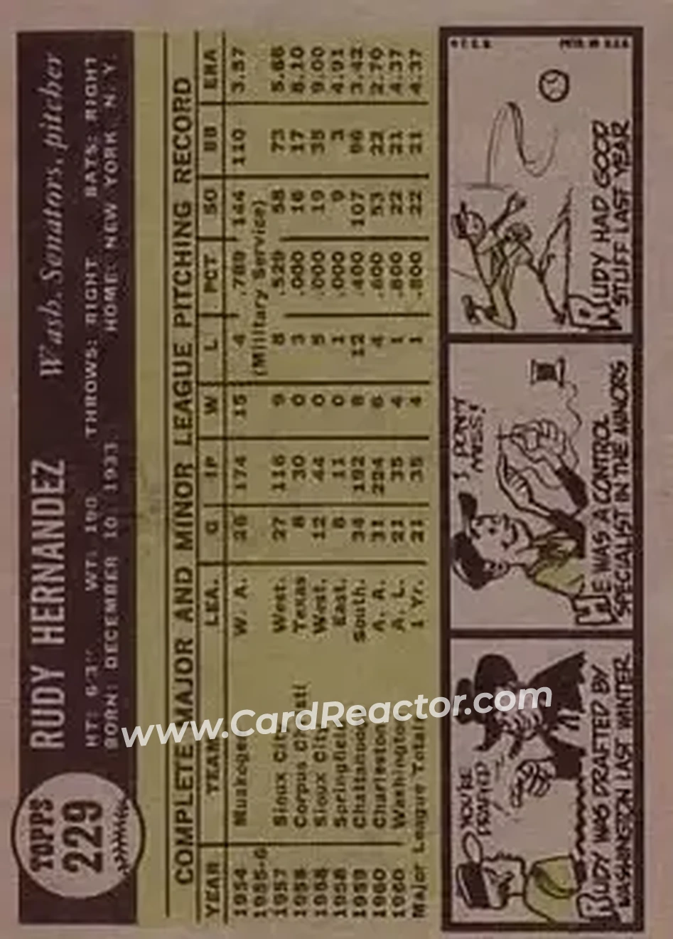 1961 Topps #229 - Rudy Hernandez - Washington Senators - Back
