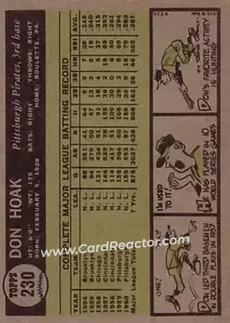 1961 Topps #230 - Don Hoak - Pittsburgh Pirates - Back 1961 Topps #230 - Don Hoak - Pittsburgh Pirates - Back