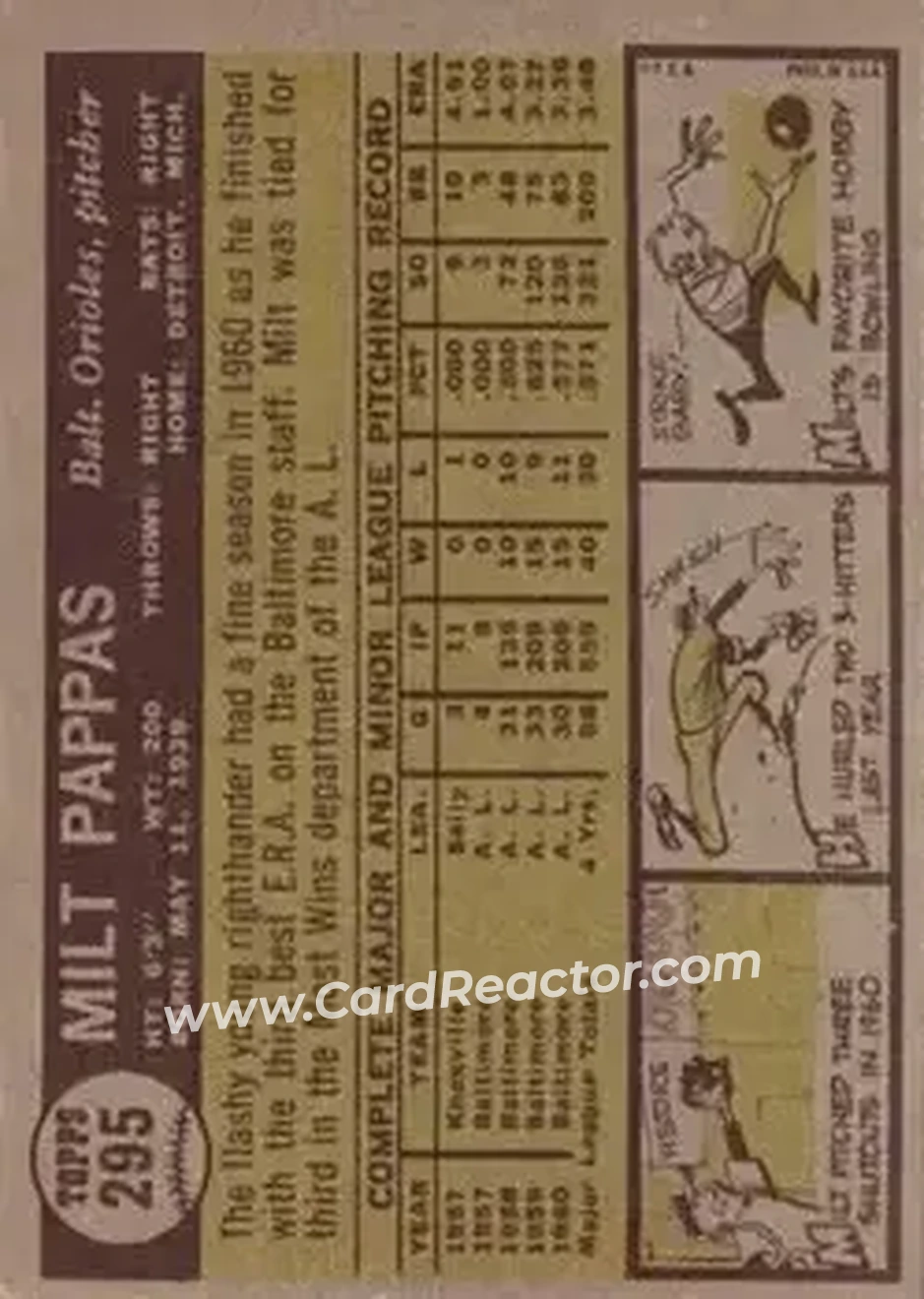 1961 Topps #295 - Milt Pappas - Baltimore Orioles - Back 1961 Topps #295 - Milt Pappas - Baltimore Orioles - Back