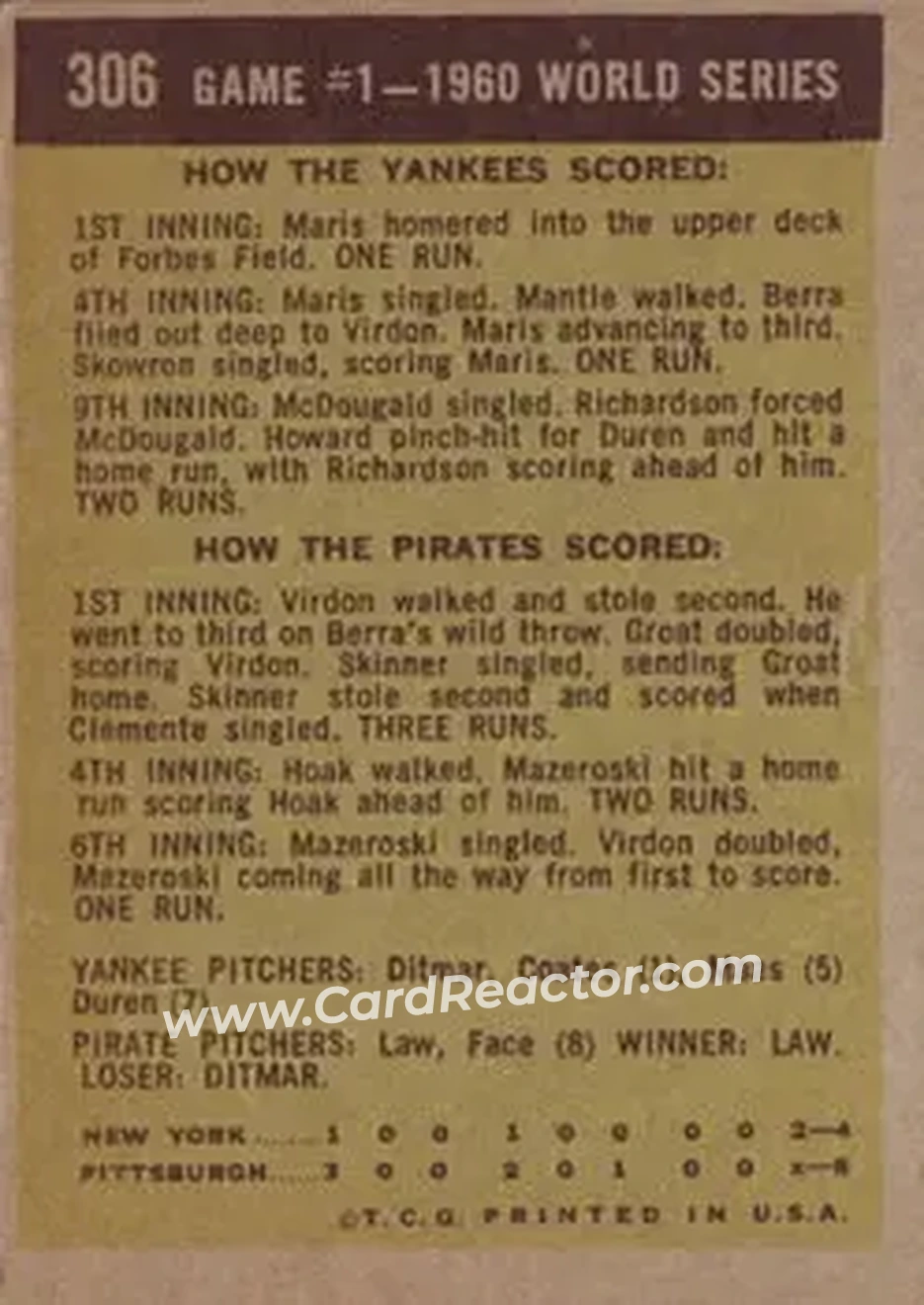 1961 Topps #306 - Card 306 - Pittsburgh Pirates - Back