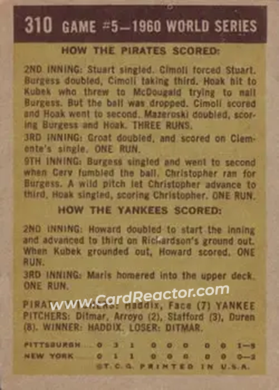 1961 Topps #310 - Card 310 - Pittsburgh Pirates - Back