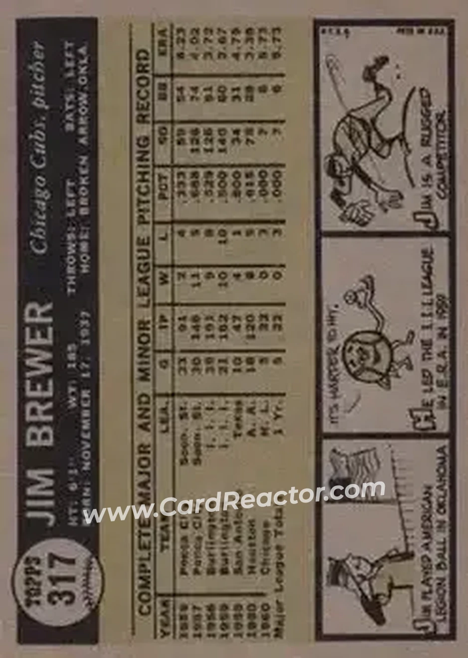 1961 Topps #317 - Jim Brewer - Chicago Cubs - Back