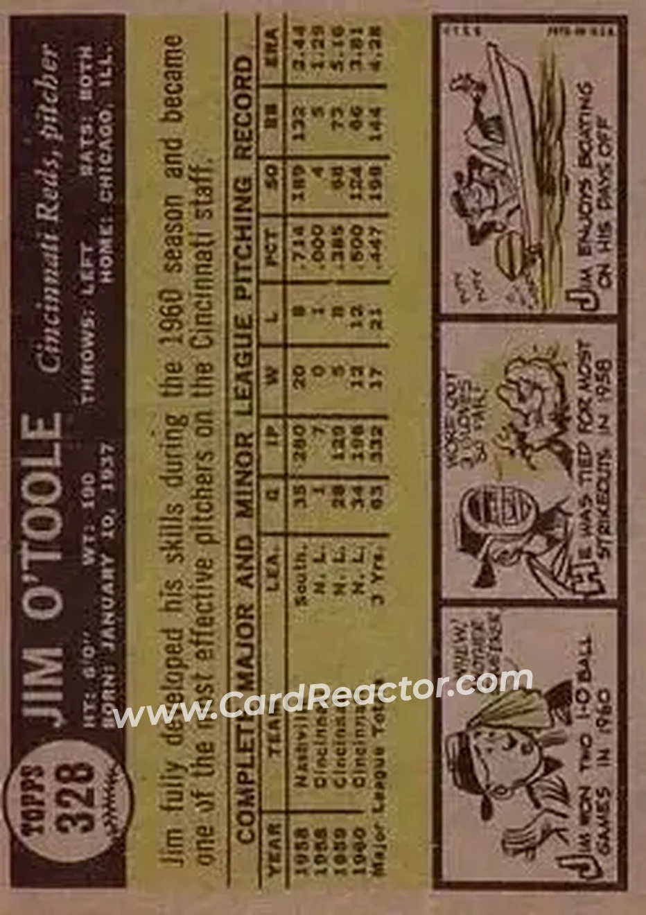 1961 Topps #328 - Jim O'Toole - Cincinnati Reds - Back