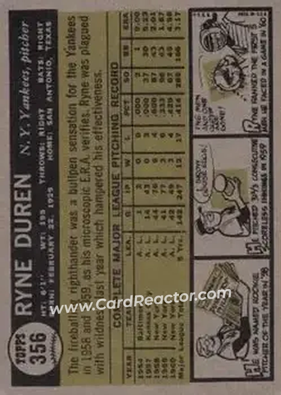 1961 Topps #356 - Ryne Duren - New York Yankees - Back