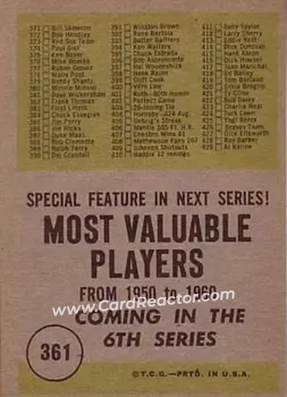 1961 Topps #361b - Checklist: 353 429 - Back