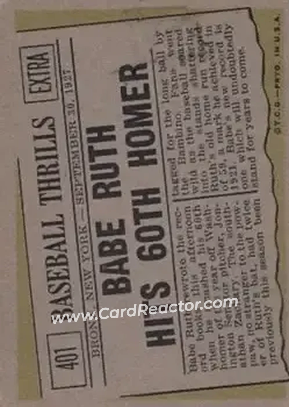 1961 Topps #401 - Babe Ruth - New York Yankees - Back