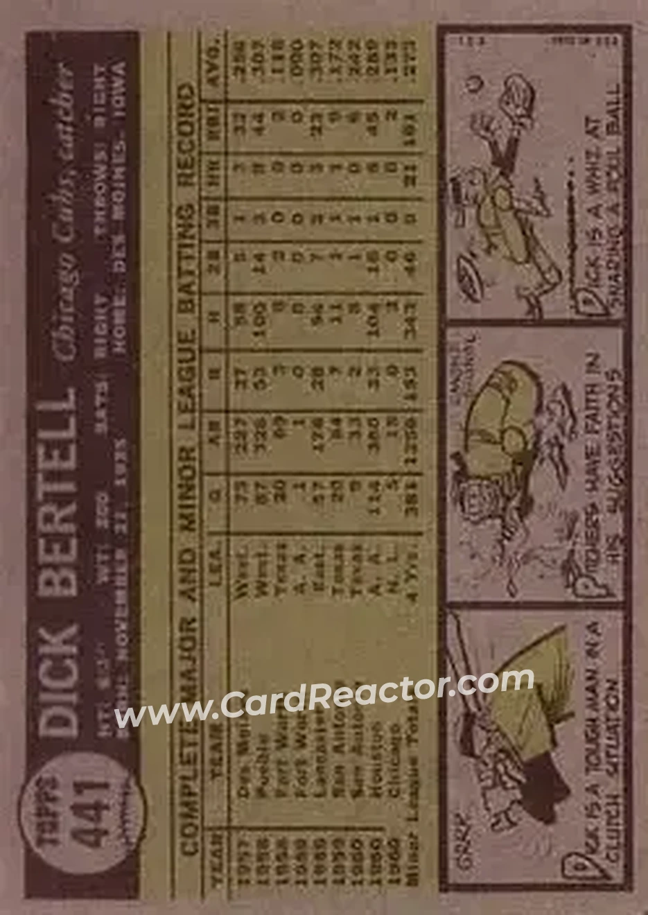 1961 Topps #441 - Dick Bertell - Chicago Cubs - Back