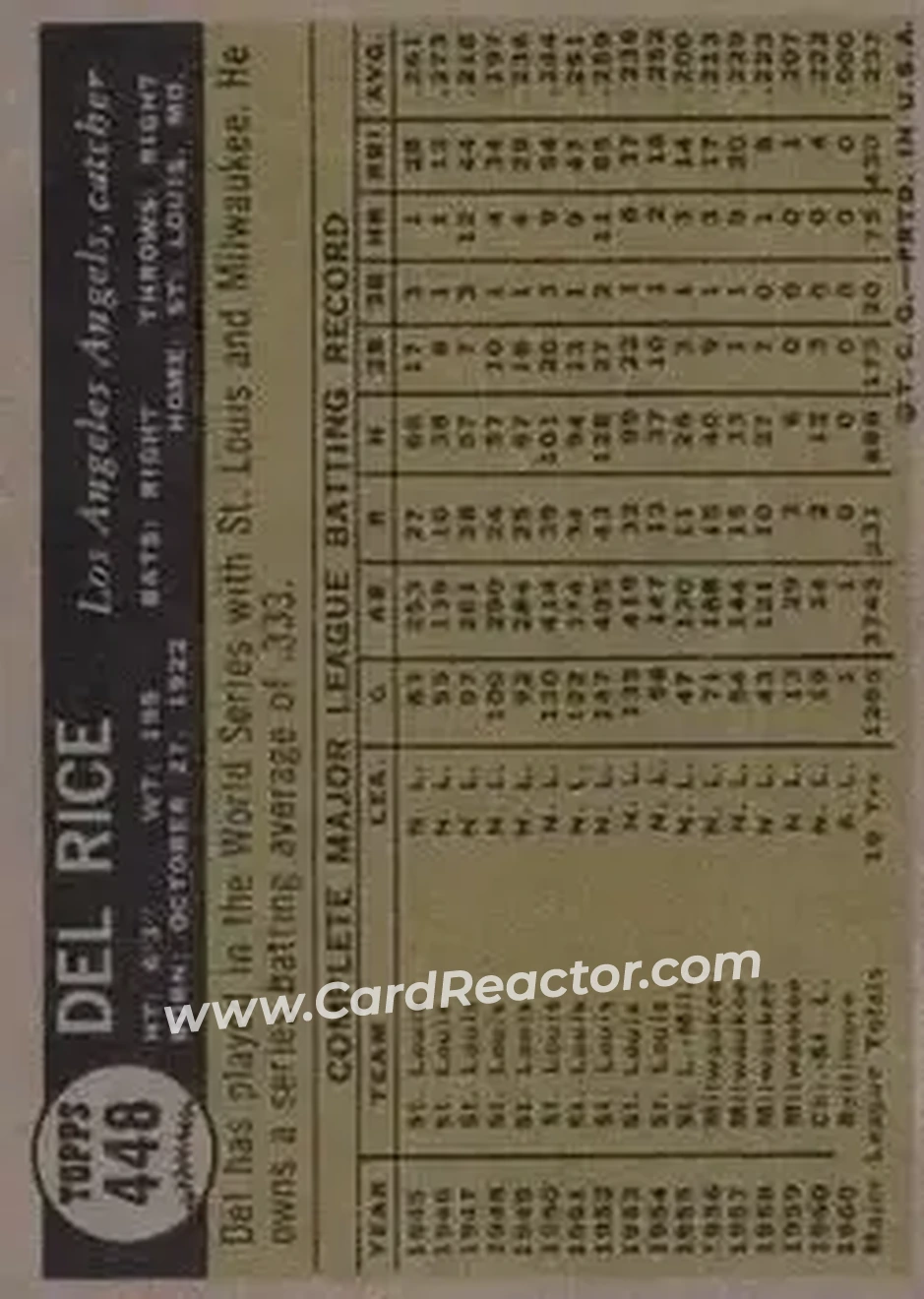 1961 Topps #448 - Del Rice - Los Angeles Angels - Back 1961 Topps #448 - Del Rice - Los Angeles Angels - Back