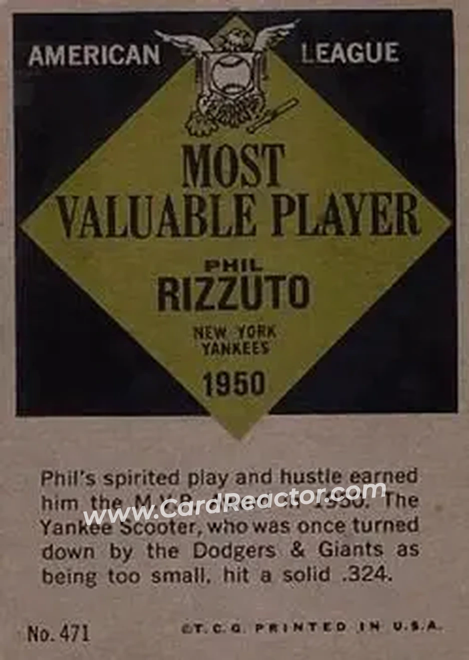 1961 Topps #471 - Phil Rizzuto - New York Yankees - Back